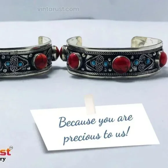 Single Handmade Kuchi Silver Cuff Bracelet: Tribal Boho Statement Jewelry - Picture 1 of 7